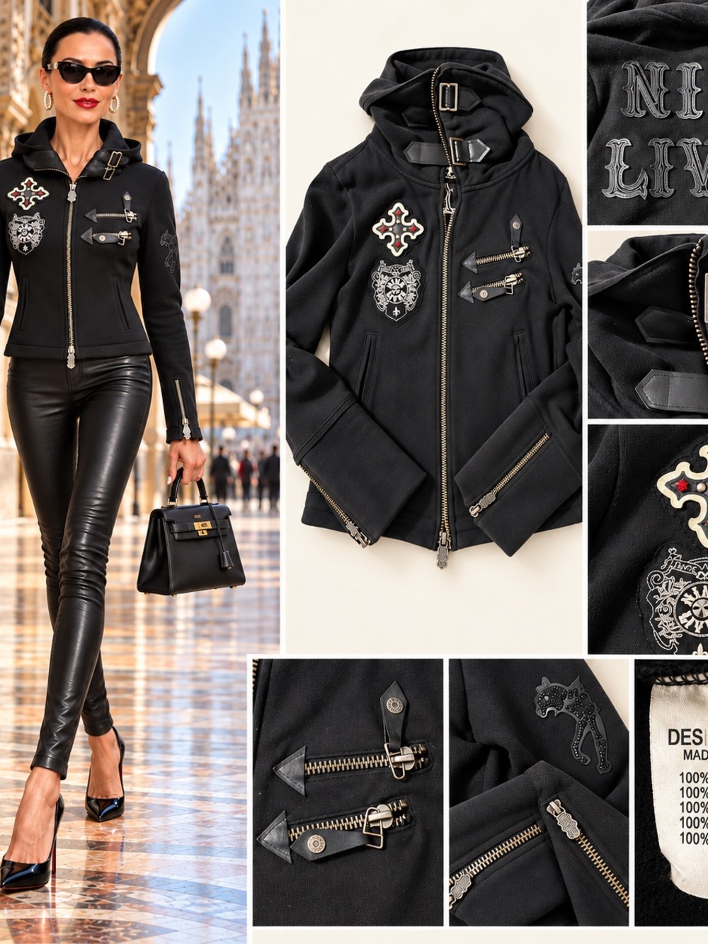 Authentic Nine Lives Black Embroidered Buckle Collar Zip Jacket Size S